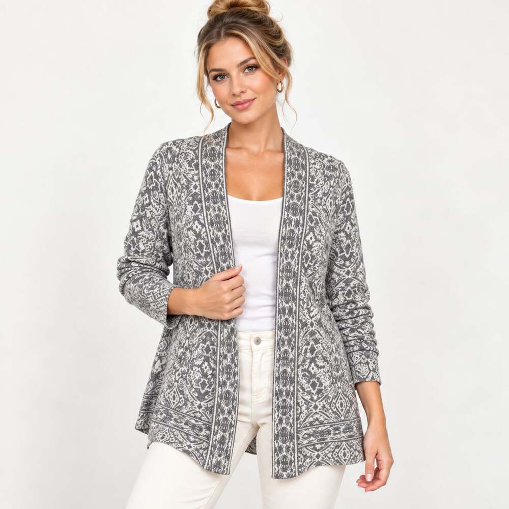 Chico's Lightweight Cardigan Sweater Women's Sz 3 XL Gray Paisley Cotton Casual